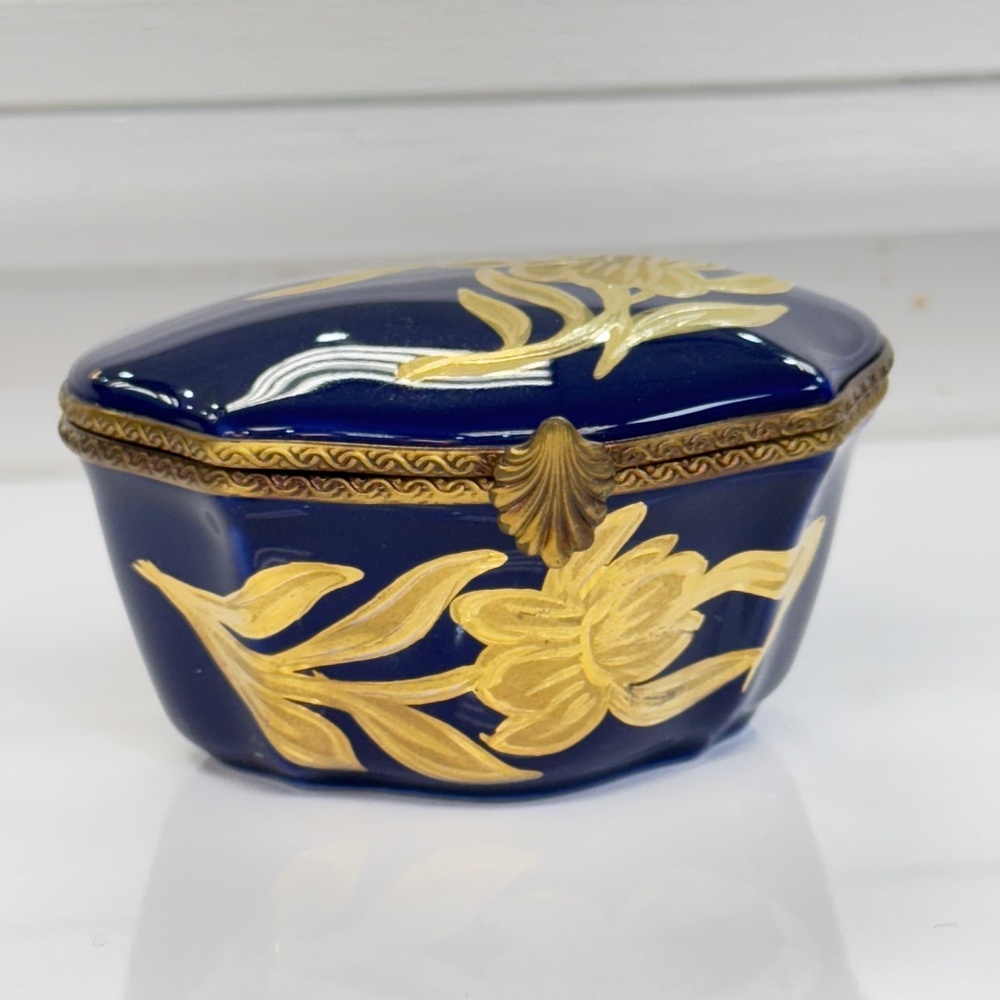 Artisanal Limoges Trinket Box- Blue & Gold, Made in France